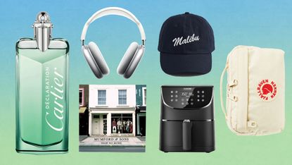 selection of father's day gifts including cartier perfume and headphones