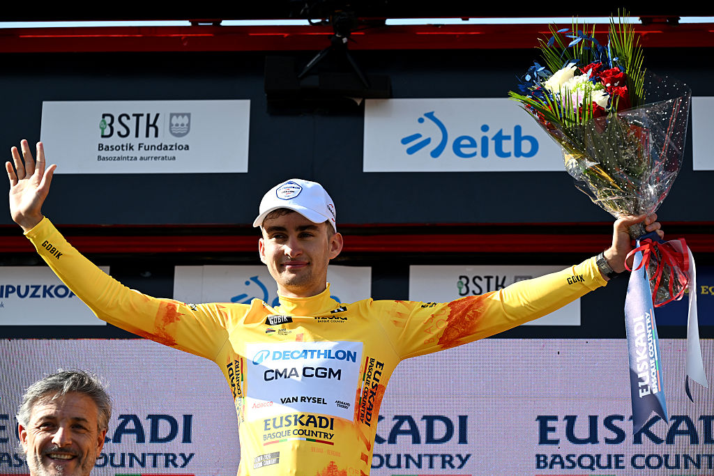 GALDAKAO, SPAIN - APRIL 09: Paul Seixas of France and Team Decathlon CMA CGM celebrates at podium as Yellow Leader Jersey winner during the 65th Itzulia Basque Country 2026, Stage 4 a 167.2km stage from Galdakao to Galdakao on / #UCIWT / April 09, 2026 in Galdakao, Spain. (Photo by Tim de Waele/Getty Images)
