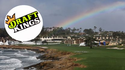 Main image of Pebble Beach during storms and an inset photo of the DraftKings logo
