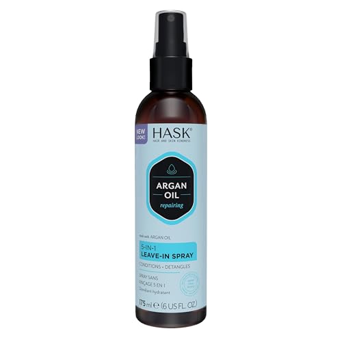 Hask Argan Oil 5-In-1 Leave in Conditioner Spray, Repairing for All Hair Types, Colour Safe, Gluten Free, Sulfate Free, Paraben Free - 1 175ml Bottle