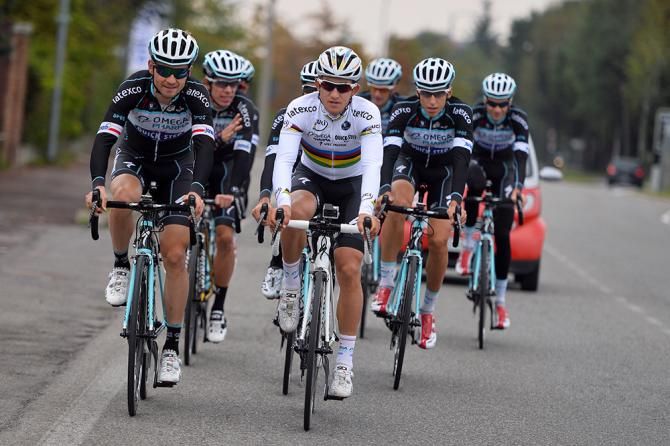 Michal Kwiatkowski goes out for pre-Lombardia training with his teammates