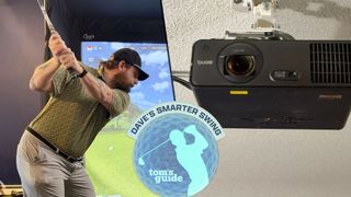 Golfer swinging on the left side, dave's smarter swing logo in the middle, projector on the right