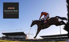 Kempton logo placed over an image of a low angle of horse rider mid jump