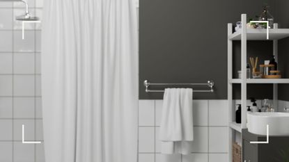 grey bathroom with white tiled shower with white shower curtain to support how to clean a shower curtain