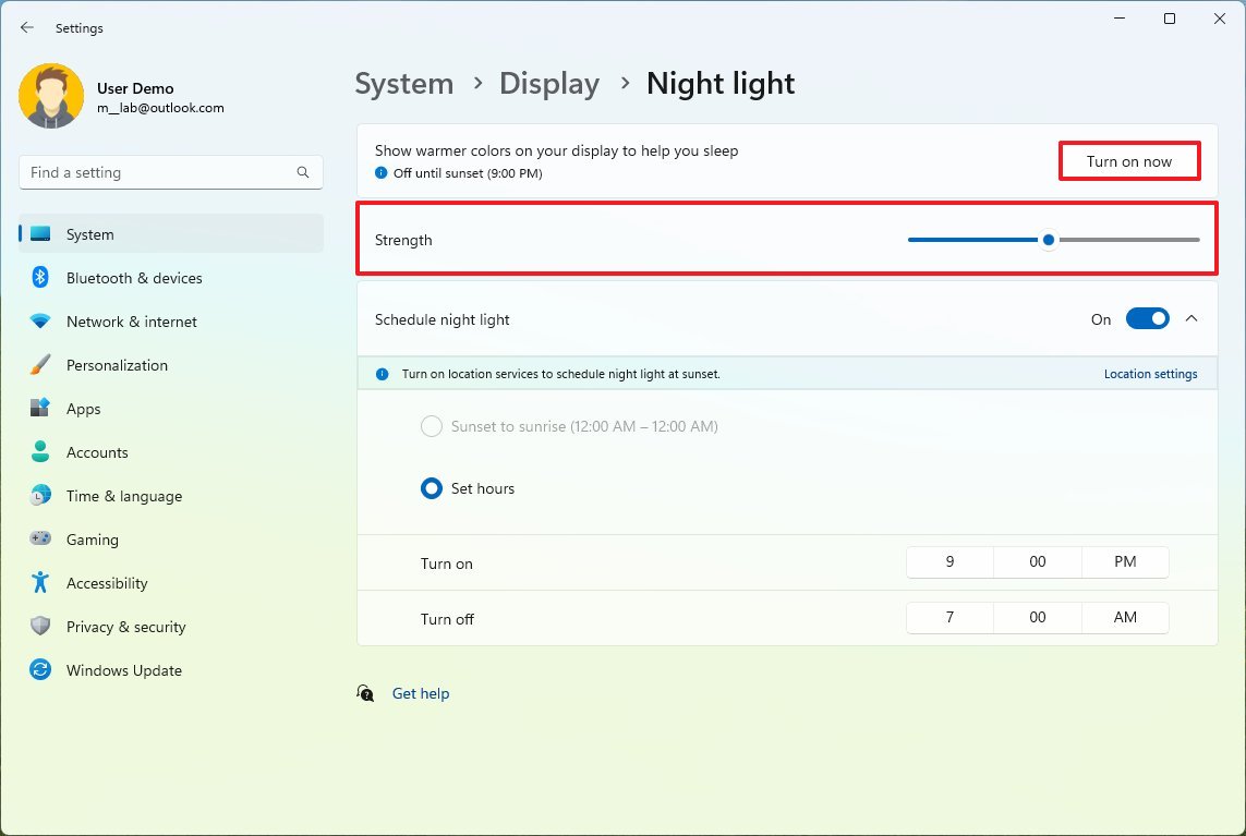 Windows 11 включает ночной свет
