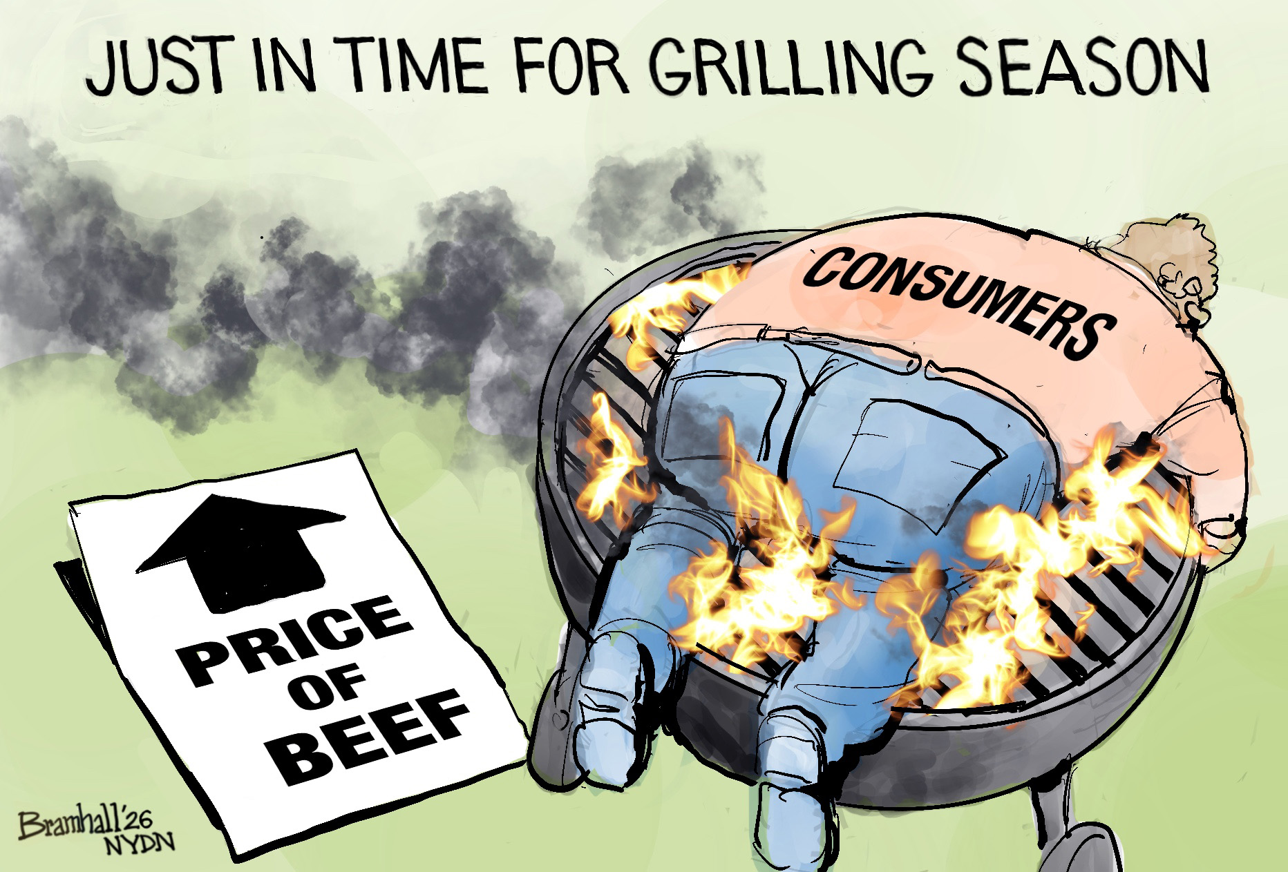 This cartoon is titled &amp;ldquo;Just in Time for Grilling Season.&amp;rdquo; A man with a &amp;ldquo;Consumers&amp;rdquo; shirt lies belly-down on a flaming charcoal grill next to a sign that shows the increasing price of beef.