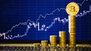 Financial growth concept with golden Bitcoins ladder on forex chart background