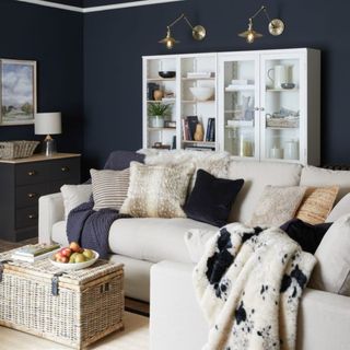 Blue lviing room with cream sofa