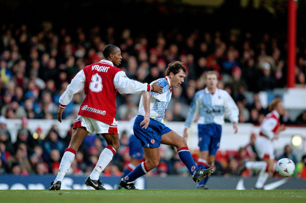 01 January 1997, London - FA Premiership - Arsenal v Middlesbrough - Ian Wright of Arsenal and Bryan Robson of Middlesbrough. (Photo by Mark Leech/Offside via Getty Images)