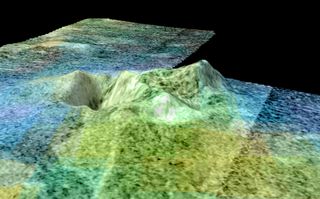 Sotra Facula is a cryovolcano on Titan. This image, built from radar topography with infrared colors overlaid, shows the volcano's caldera, mountainous peaks and thin, bright flows away from the cryovolcano.