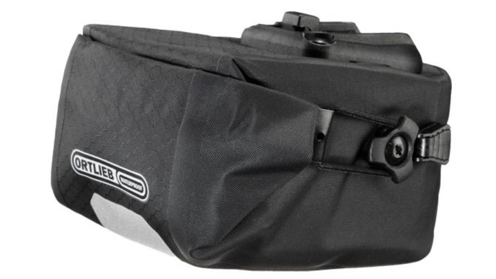A boxy black saddle bag with a roll closure