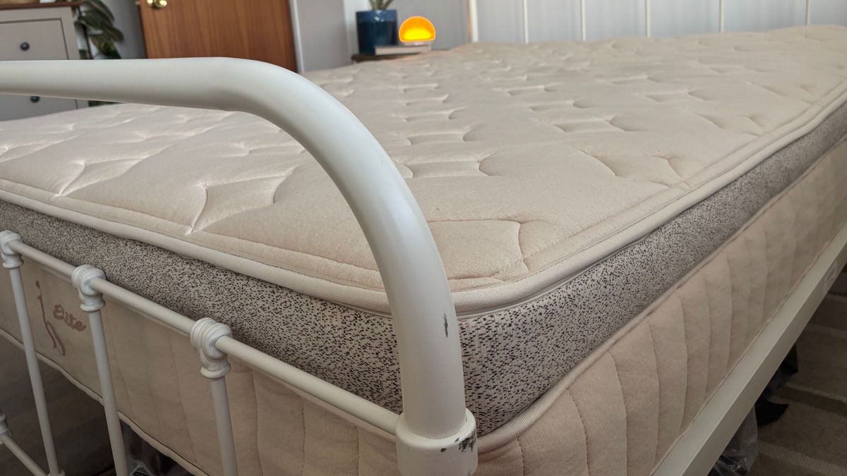 The beige Birch Elite Natural mattress placed on a white bedframe inside a mattress tester's neutrally decorated bedroom