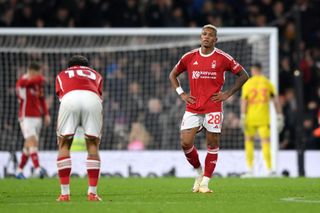 Danilo of Nottingham Forest looks dejected after Tom Cairney of Fulham (not pictured) scores his team's fifth goal during the Premier League match between Fulham FC and Nottingham Forest at Craven Cottage on December 06, 2023 in London, England.