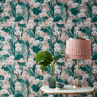celeste wallpaper with lamp and plant on vase