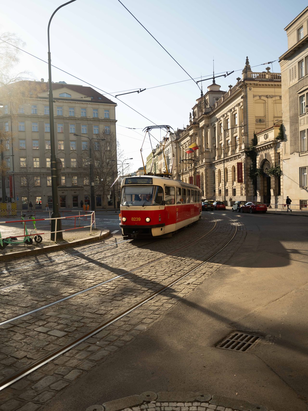 A tram winding through the streets of Prague