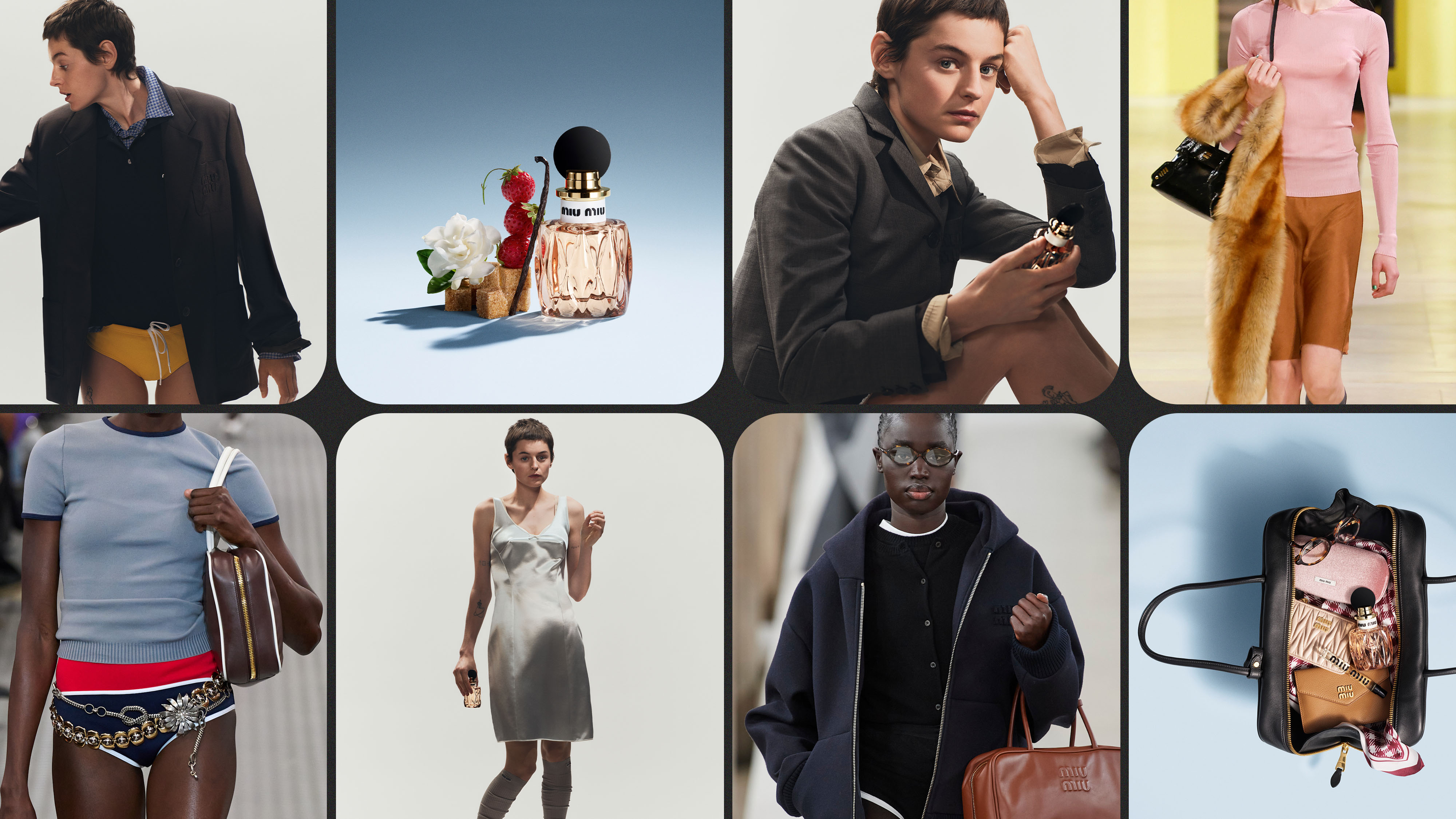 Photo collage of Miu Miu Beauty's Miutine Eau de Parfum campaign, featuring Emma Corrin
