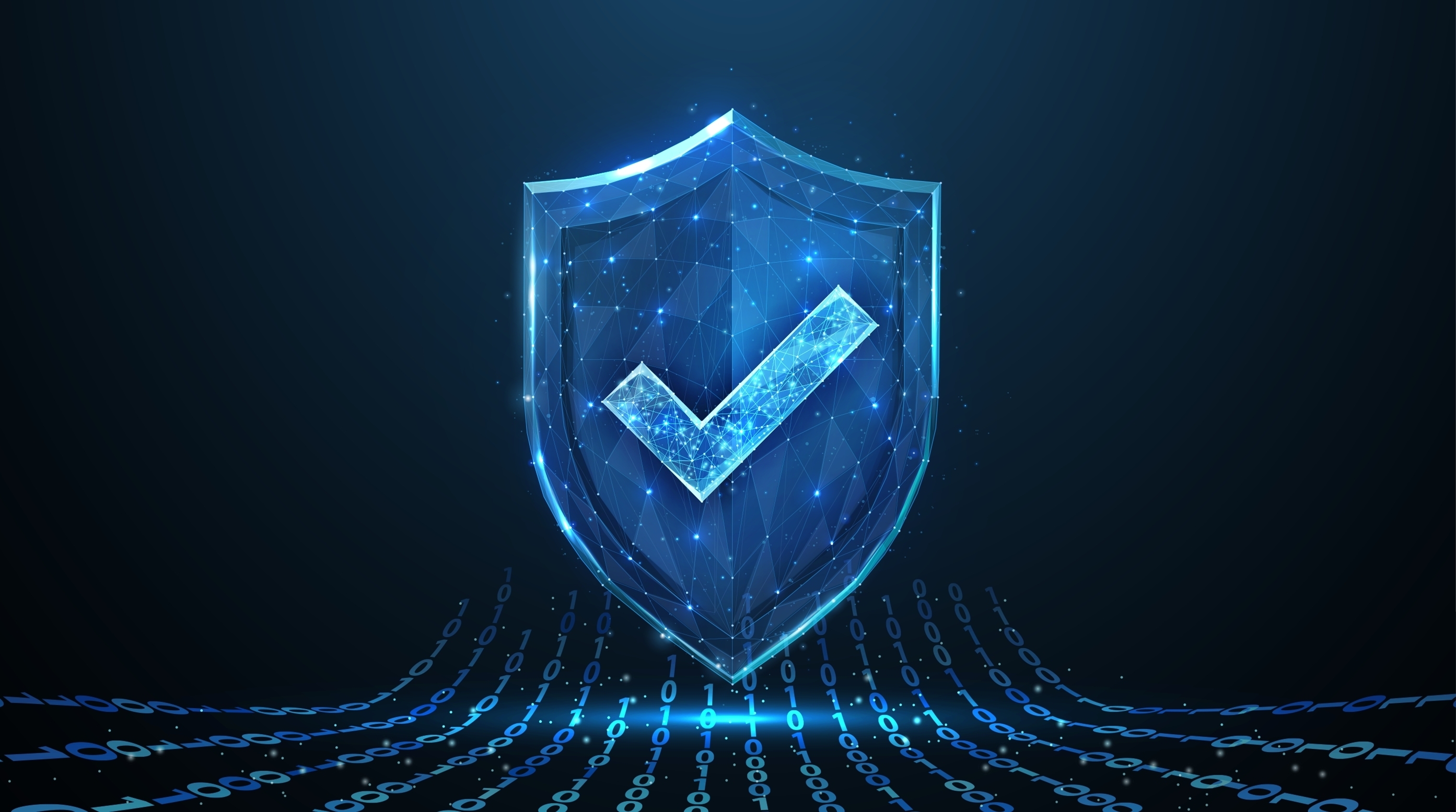 Secure technology. Polygonal wireframe shield with check mark sign on dark blue. Secure service, protect data, cyber shield, antivirus solution, internet safety, firewall system, privacy