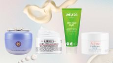 four of w&h's best moisturisers for dry skin - Tatcha Dewy Skin Cream, Kiehl's Ultra Facial Cream, Weleda Skin Food Light and Avene Hydrance Aqua Gel cream - on a pastel background with moisturiser swatches