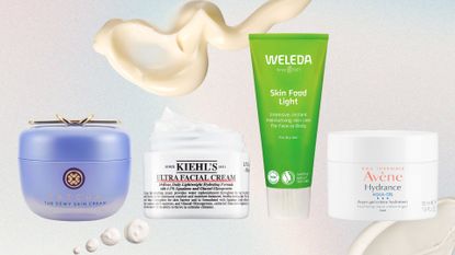 four of w&h's best moisturisers for dry skin - Tatcha Dewy Skin Cream, Kiehl's Ultra Facial Cream, Weleda Skin Food Light and Avene Hydrance Aqua Gel cream - on a pastel background with moisturiser swatches