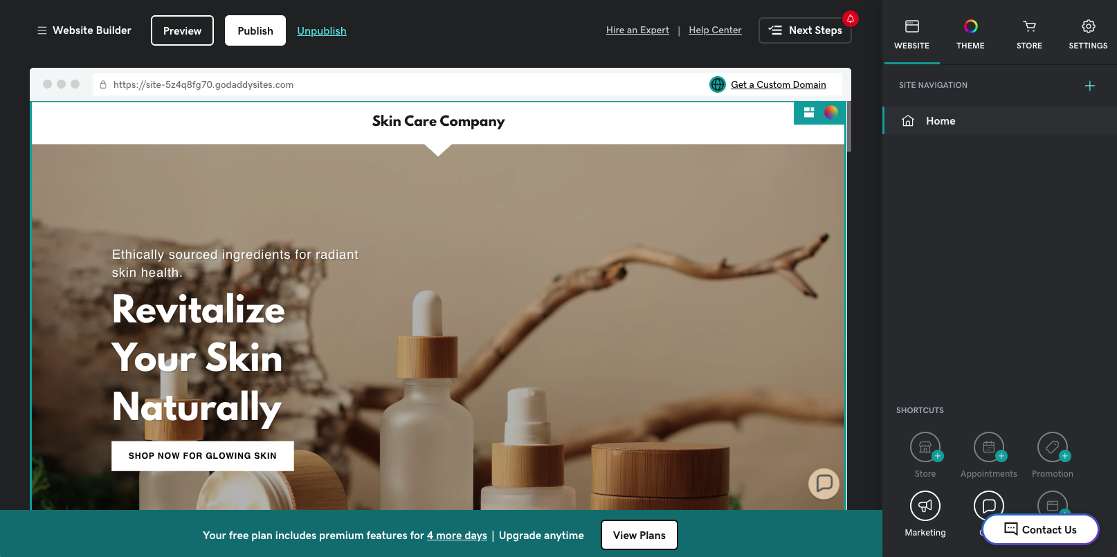 screenshot of GoDaddy website builder in use