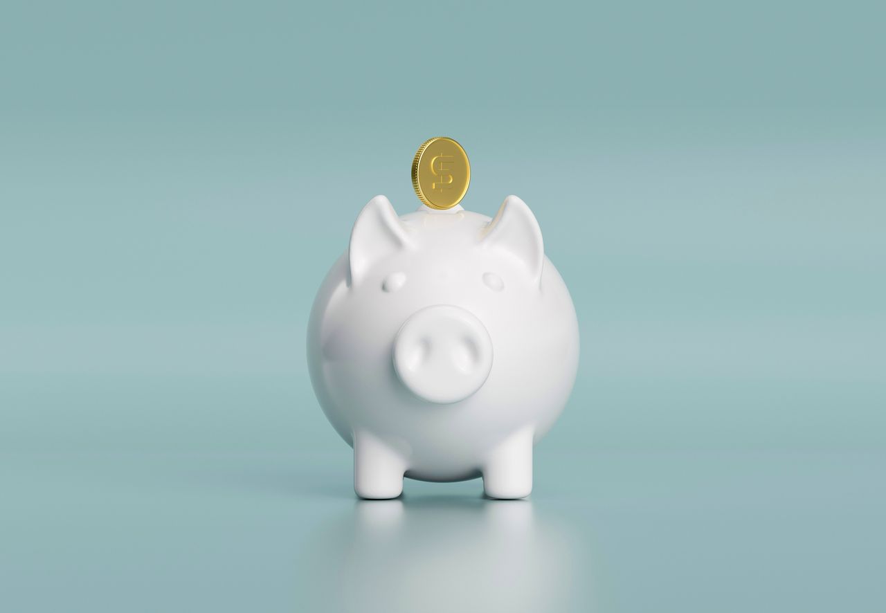 White piggy pink with a gold coin on a blue background