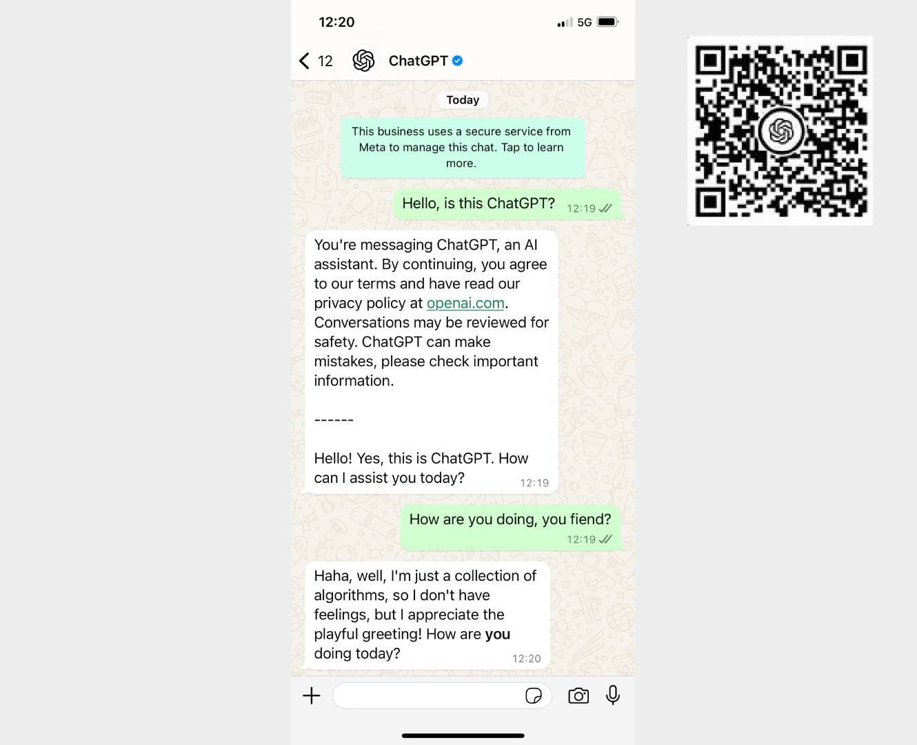 A screenshot of a conversation with ChatGPT on WhatsApp, and a QR code that opens up the ChatGPT contact in WhatsApp.