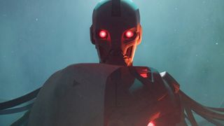 Robot with glowing red eyes