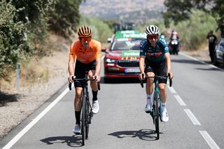 SEVILLE SPAIN AUGUST 21 LR Txomin Juaristi of Spain and Team Euskaltel Euskadi and Ibon Ruiz of Spain and Team Equipo Kern Pharma compete in the breakaway during La Vuelta 79th Tour of Spain 2024 Stage 5 a 177km stage Fuente del Maestre to Seville UCIWT on August 21 2024 in Seville Spain Photo by Dario BelingheriGetty Images