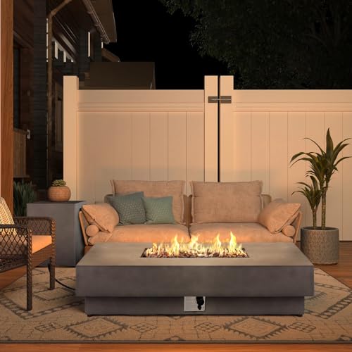 Sitimmger 60-Inch Outdoor Propane Fire Pit Coffee Table With Tank Cover, 50,000 Btu Concrete Rectangle Modern Outside Fire Table, Auto-Ignition, Included Lava Rocks, Metal Lid &amp;amp; Waterproof Cover