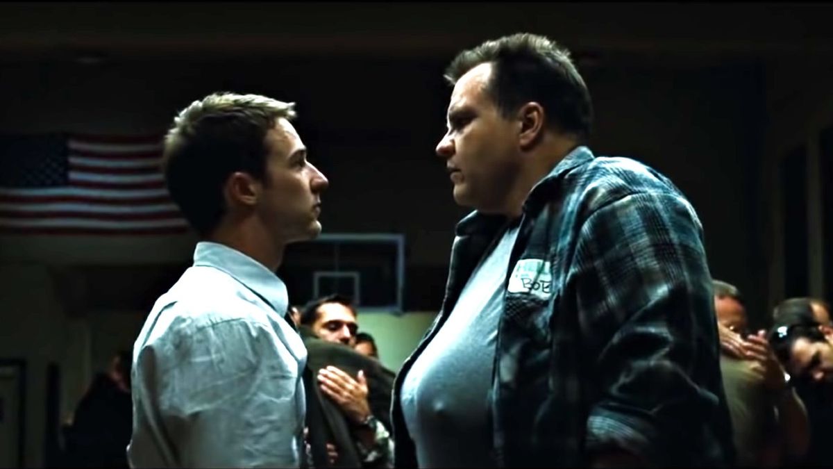 Screenshot of Edward Norton&#039;s The Narrator and Meat Loaf&#039;s Big Bob meeting at a support group