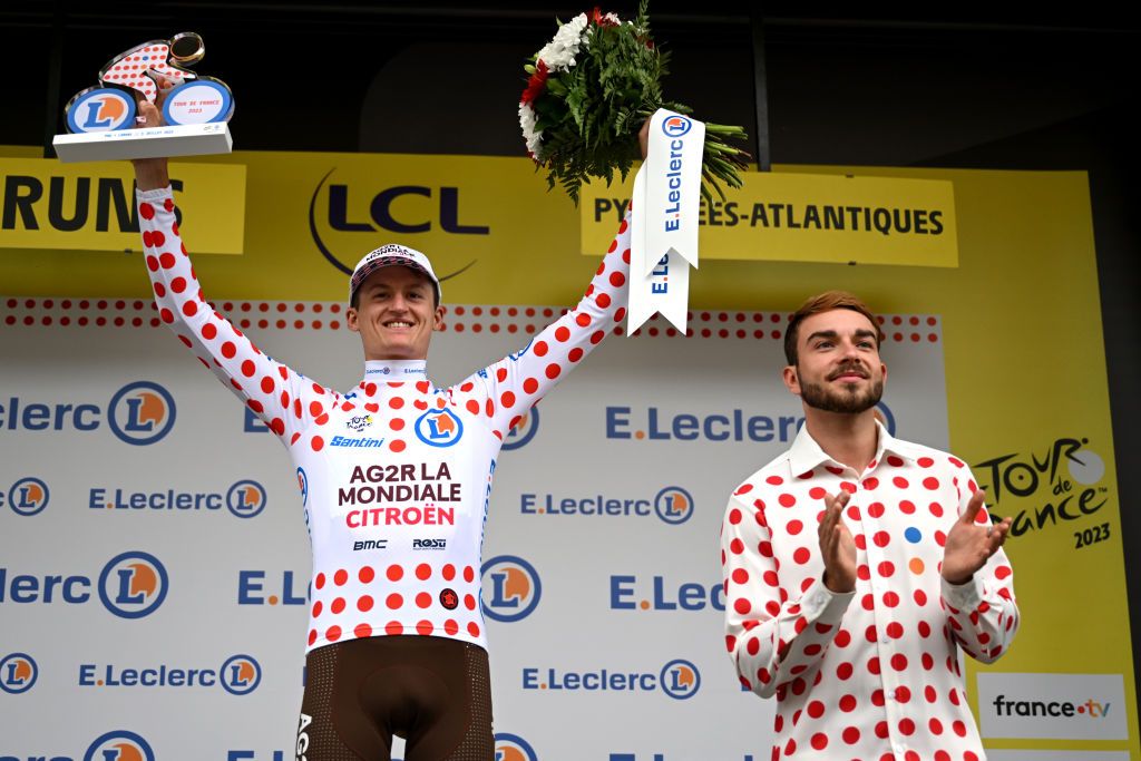 LARUNS FRANCE JULY 05 Felix Gall of Austria and Ag2R Citron Team celebrates at podium as Polka dot Mountain Jersey winner during the stage five of the 110th Tour de France 2023 a 1627km stage from Pau to Laruns UCIWT on July 05 2023 in Laruns France Photo by David RamosGetty Images