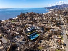 Aerial view of fire damage after Palisades Fire in Los Angeles 