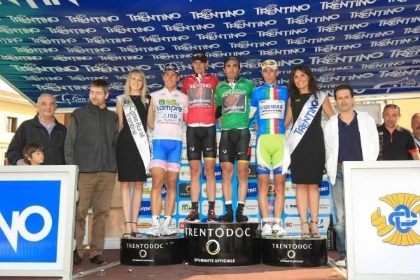 Adriano Malori (Lampre-ISD), Andreas Kl&ouml;den (RadioShack), Tiago Machado (RadioShack) and Vincenzo Nibali (Liquigas-Cannondale) on the podium after stage one of the Giro del Trentino.