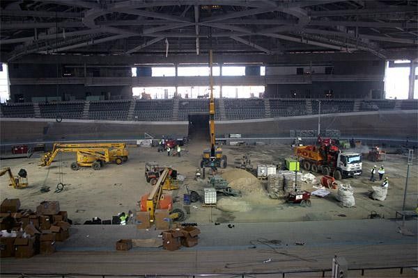 The track has a moveable section which allows heavy machinery and vehicles into the centre