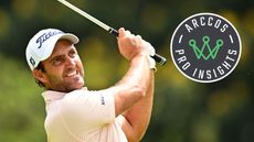 Edoardo Molinari plays an iron shot and an Arccos Golf logo inset