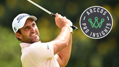 Edoardo Molinari plays an iron shot and an Arccos Golf logo inset