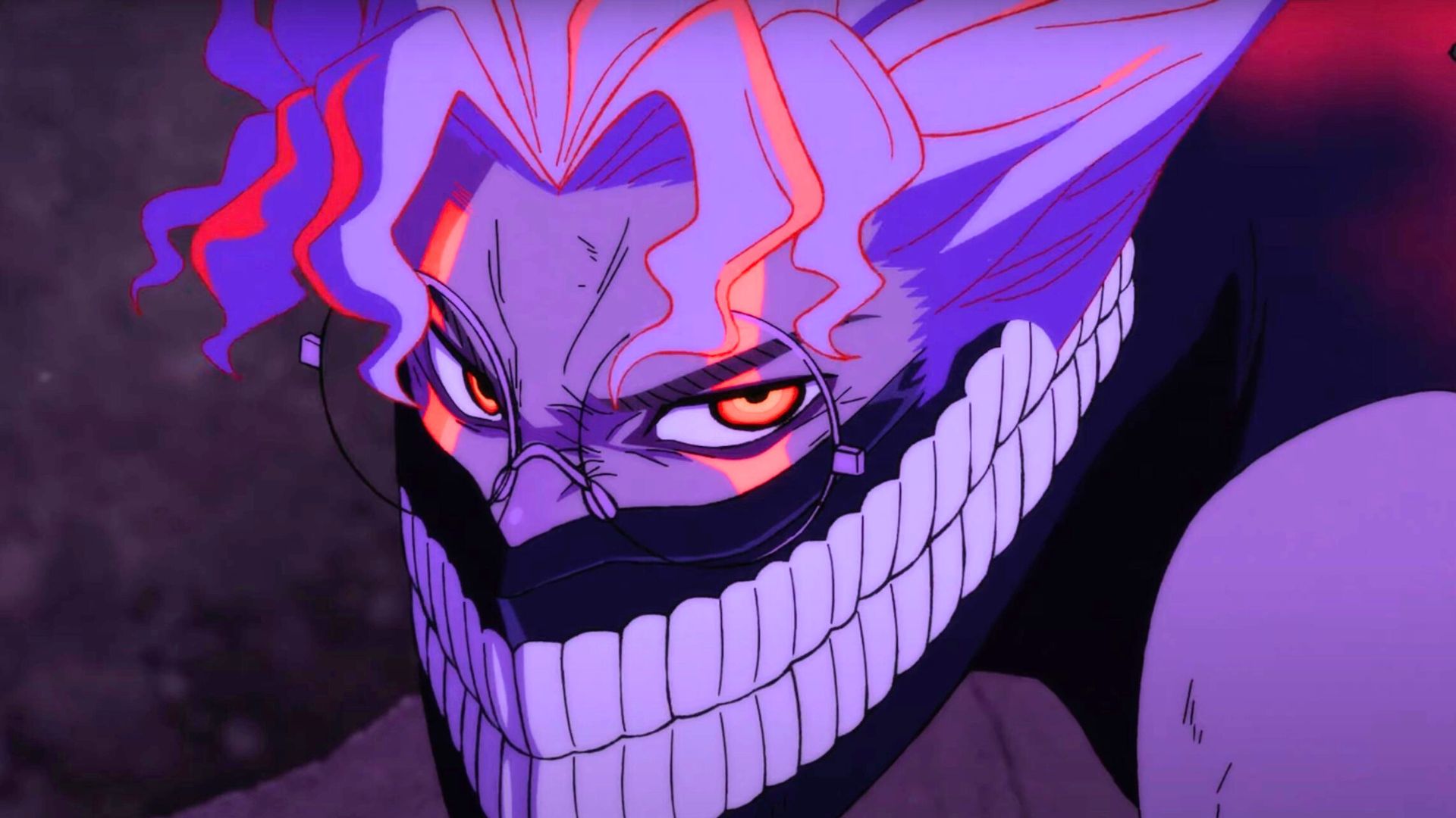 Jiji with an evil star wearing a mask covering the bottom of his face with rows of teeth