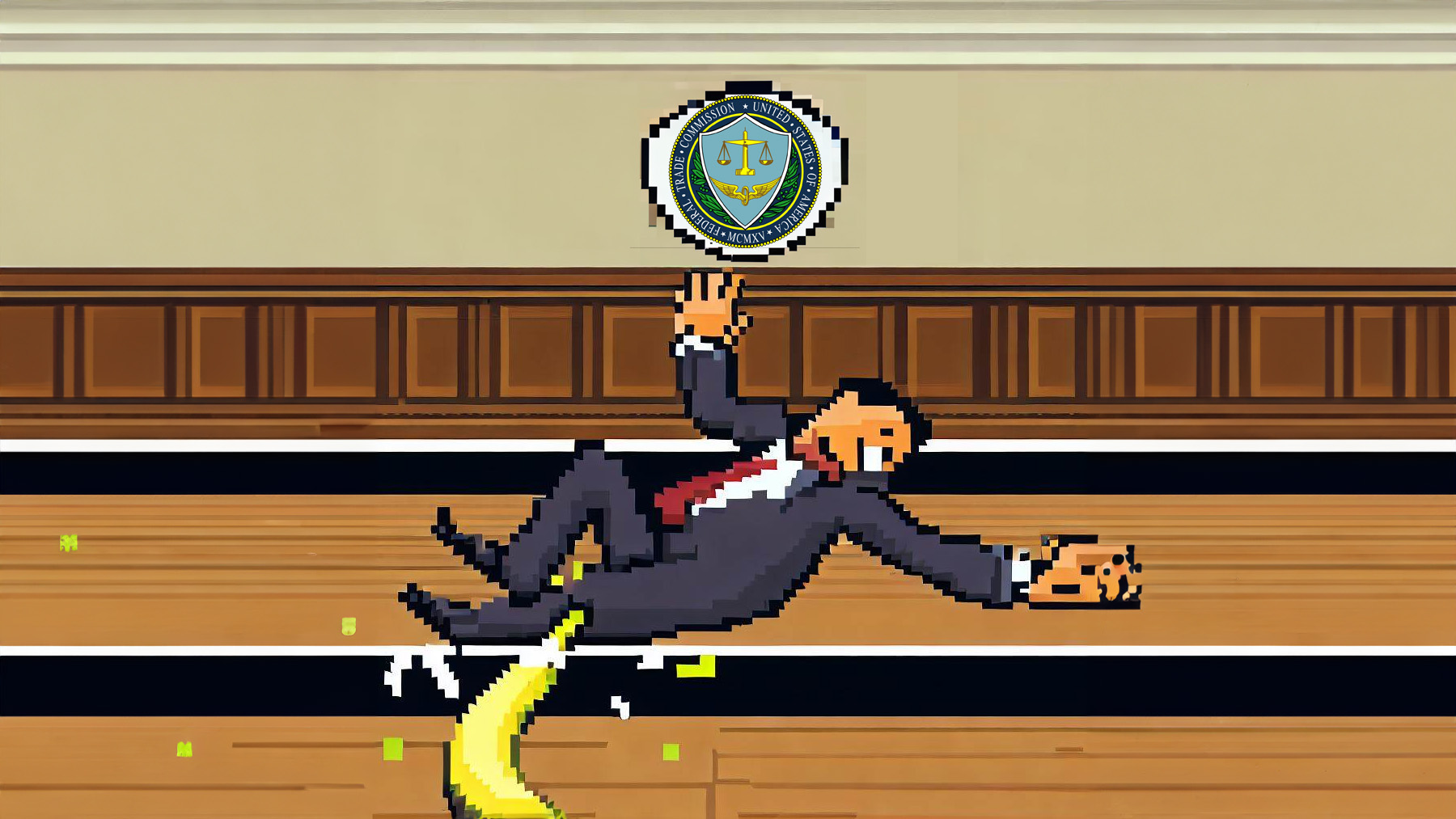 FTC pixel art dude slipping on a banana
