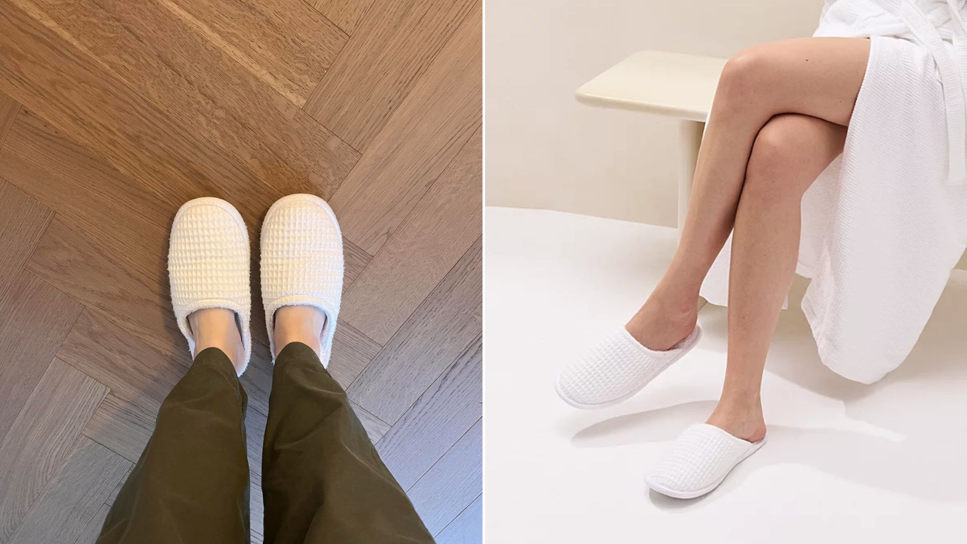 Two images of The White Company waffle slippers