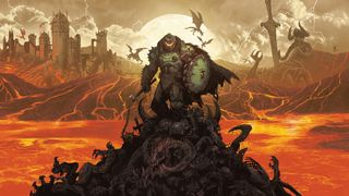 A heavily-armored warrior with a bladed shield and morningstar stands on top of a pile of demon corpses, against a volcanic, medieval background