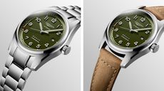 Longines watch with green face and brown leather strap and Longines watch with metal strap