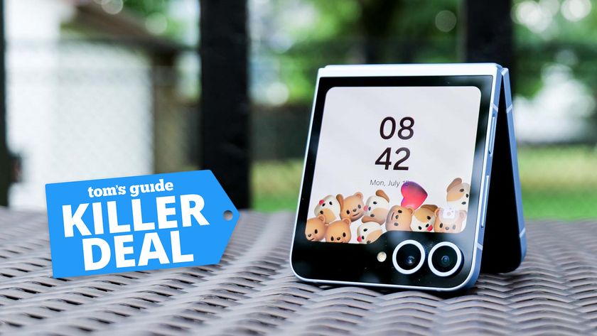 Galaxy Z Flip 6 folded in half with deal badge nearby.