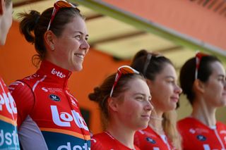 TAVERNES DE LA VALLDIGNA SPAIN FEBRUARY 15 Thalita de Jong of The Netherlands and Team LottoDstny prior to the 8th Setmana Ciclista Volta Comunitat Valenciana Femines 2024 Stage 1 a 113km stage from Tavernes De La Valldigna to Gandia on February 15 2024 in Tavernes De La Valldigna Spain Photo by Luc ClaessenGetty Images
