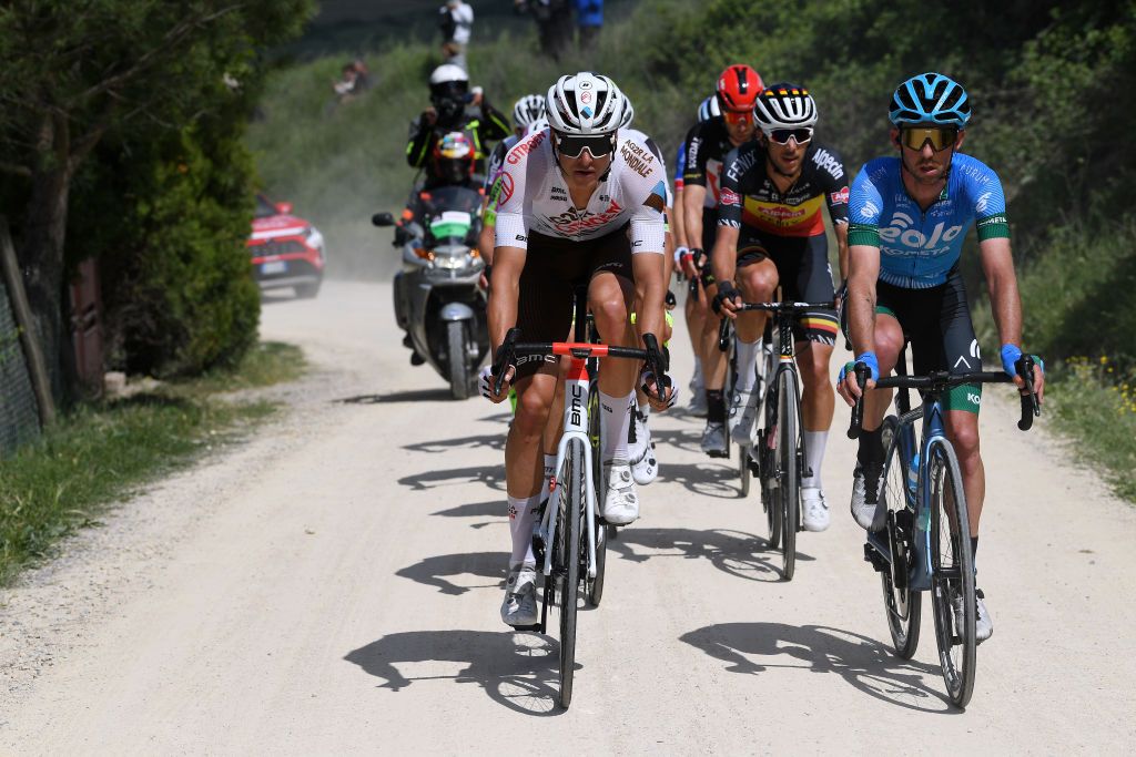 MONTALCINO ITALY MAY 19 Lawrence Naesen of Belgium and AG2R Citren Team Francesco Gavazzi of Italy and EOLOKOMETA Cycling Team in breakaway during the 104th Giro dItalia 2021 Stage 12 a 162km stage from Perugia to Montalcino 554m Gravel Strokes girodiitalia UCIworldtour Giro on May 19 2021 in Montalcino Italy Photo by Tim de WaeleGetty Images