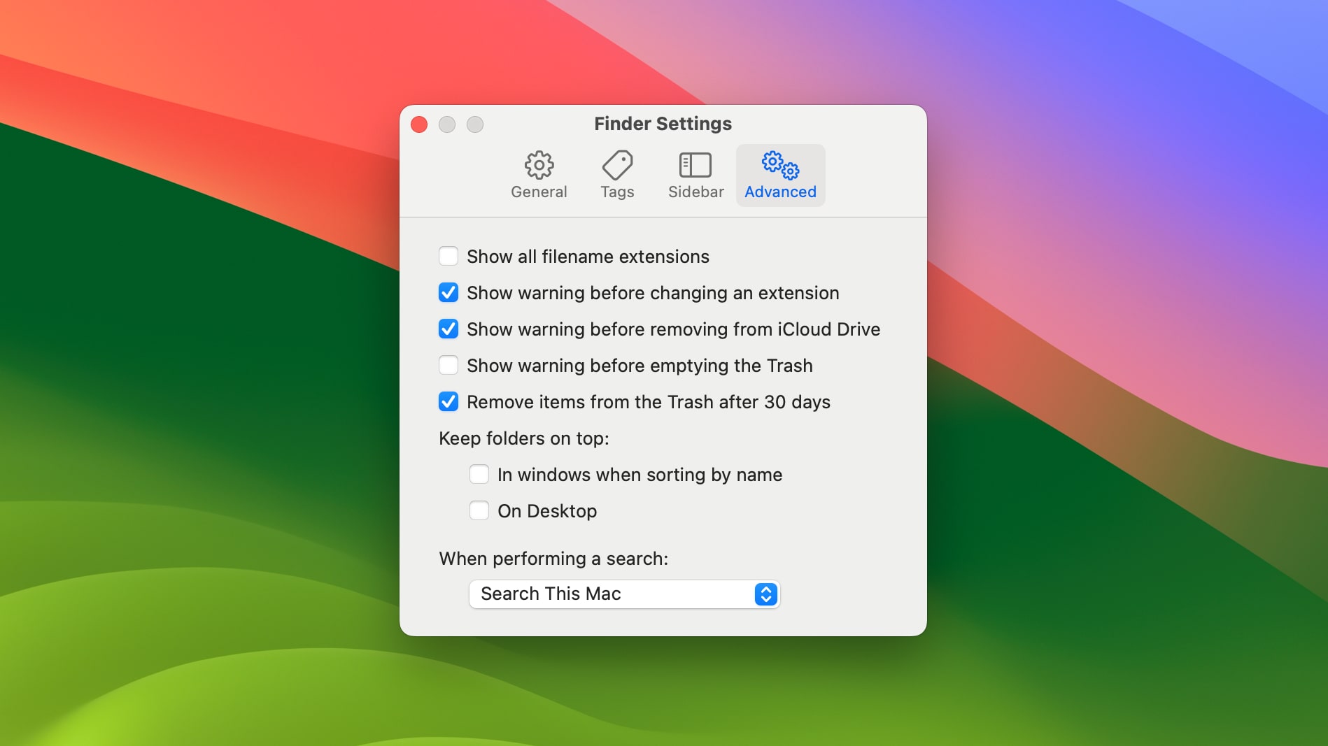 Finder settings in macOS Sonoma, with the Advanced tab selected.