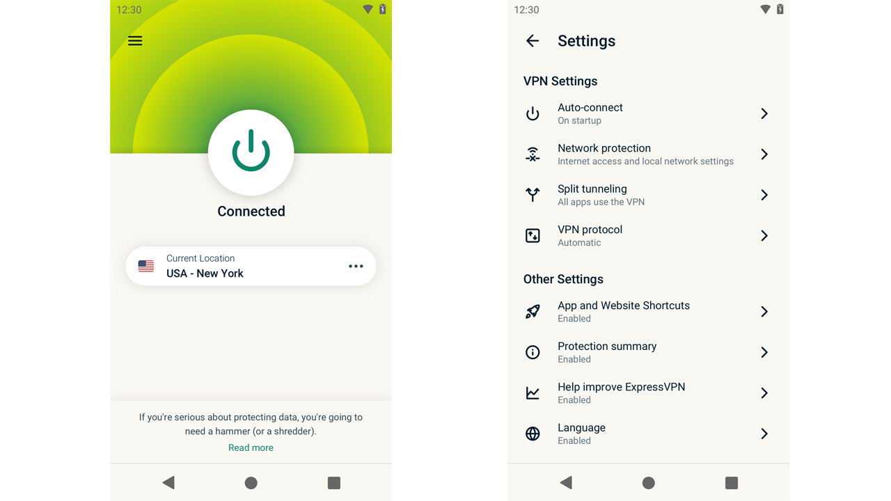 ExpressVPN's Android app displayed on a device