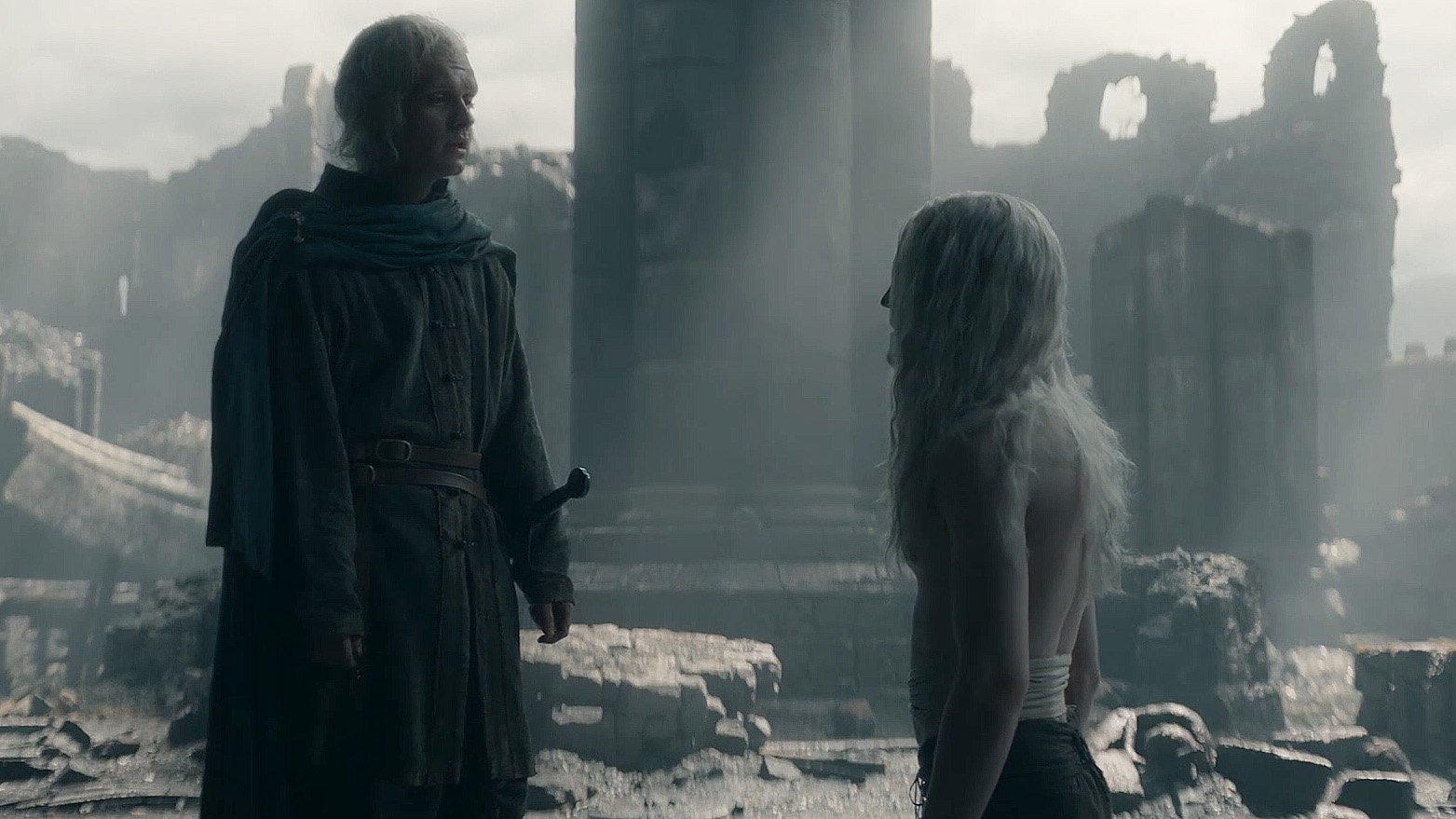 Aegon II standing over a kneeling Aemond at Harrenhal in House of the Dragon season 3 episode 8