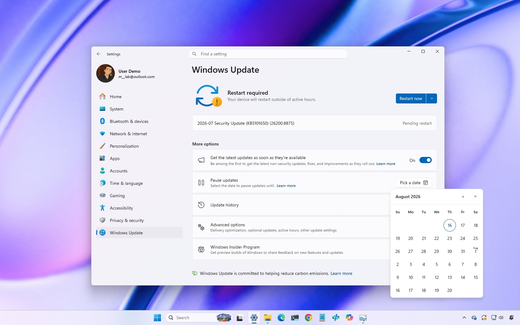 Windows 11 desktop showing the Windows Update settings installing the July 2026 Security Update.