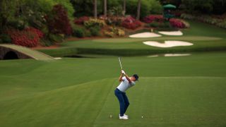 Justin Rose of England tees off on No. 12 on Thursday, April 8, 2021, at The Masters in Augusta, Ga.