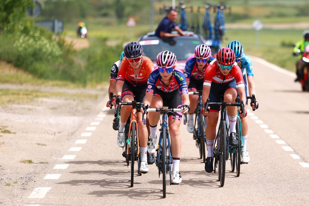 AGUILAR DE CAMPOO SPAIN MAY 20 A general view of Nina Buysman of Netherlands and Team Human Powered Health Lara Vieceli of Italy and Ceratizit Wnt Pro Cycling Team Matilde Vitillo of Italy and Team Bepink Nora Jencusova of Slovakia and Team Bepink Jennifer Tatiana Ducuara Acevedo of Colombia and Team Colombia Tierra De Atletas Gw Shimano Aranza Valentina Villalon Sanchez of Chile and Team Eneicat Rbh Global and Maaike Colj of Netherlands and Massi Tactic Women Team compete in the breakaway during the 7th Vuelta a Burgos Feminas 2022 Stage 2 a 128km stage from Sasamn to Aguilar de Campoo VueltaBurgos BurgosFem UCIWWT on May 20 2022 in Aguilar de Campoo Spain Photo by Gonzalo Arroyo MorenoGetty Images